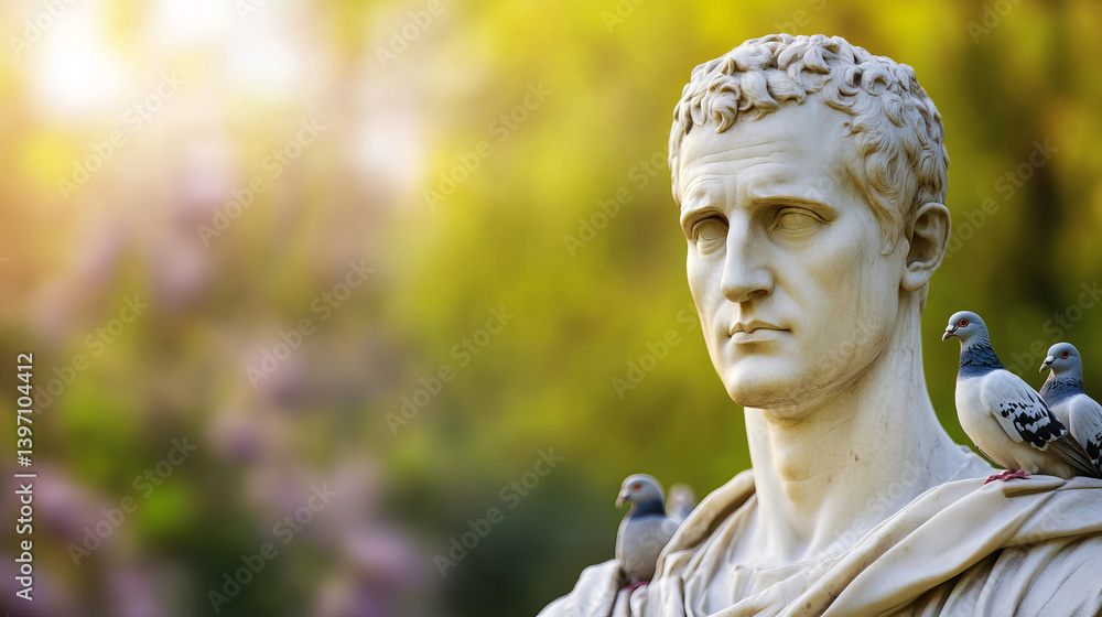 Statue of Julius Caesar Surrounded by Pigeons in Public Park with Lush Green Background