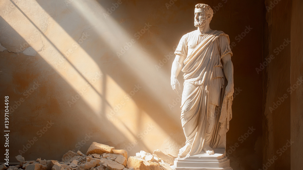 Cracked Roman Statue of Senator Stands in Abandoned Room with Rays of Light Pouring Through