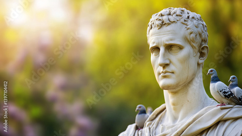Obraz na płótnie Statue of Julius Caesar Surrounded by Pigeons in Public Park with Lush Green Background w salonie