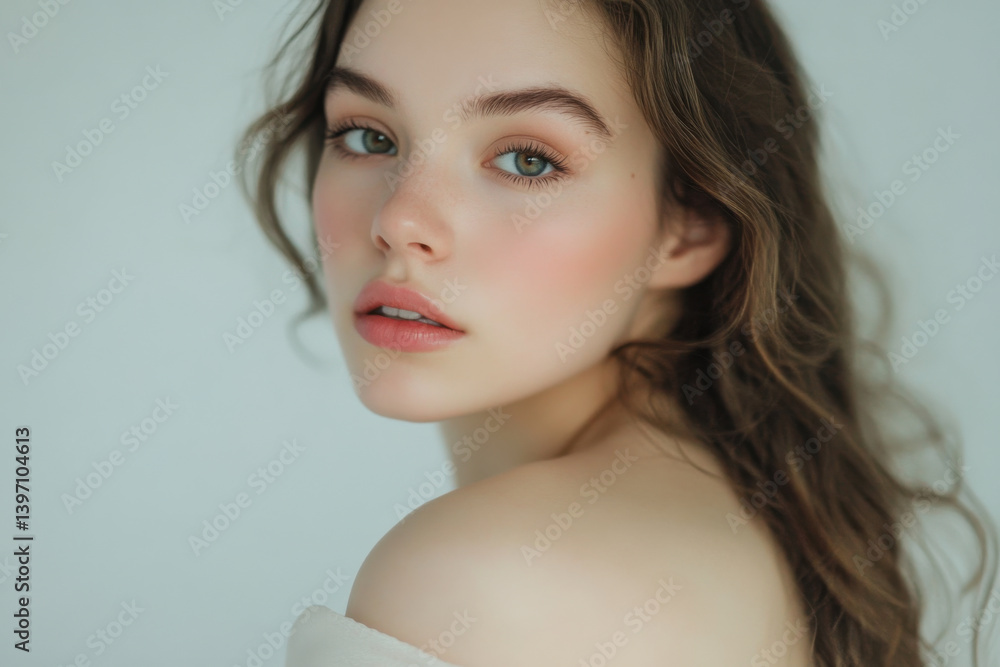 Young woman with tousled hair gazing softly over her shoulder against a neutral background Young woman with tousled hair gazing softly over her shoulder against a neutral background