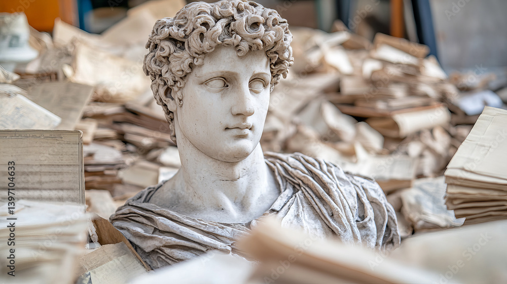 Cracked Roman Bust Relaxing Surrounded by Old Paper and Artifacts