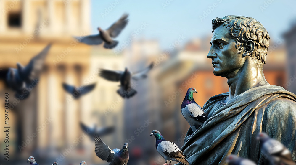 Bronze Statue of Julius Caesar Gazing Sternly Over a City with Pigeons Surrounding Him