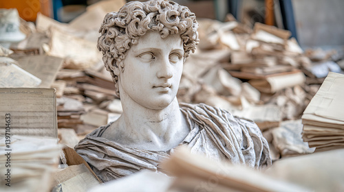 Obraz na płótnie Cracked Roman Bust Relaxing Surrounded by Old Paper and Artifacts w salonie