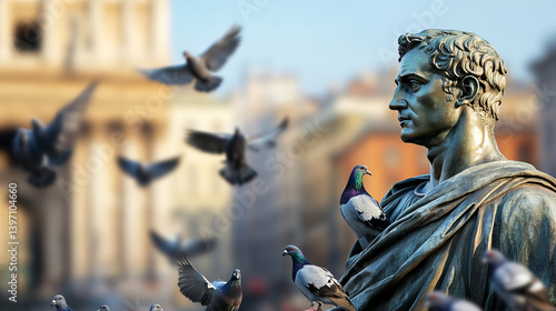 Obraz na płótnie Bronze Statue of Julius Caesar Gazing Sternly Over a City with Pigeons Surrounding Him w salonie