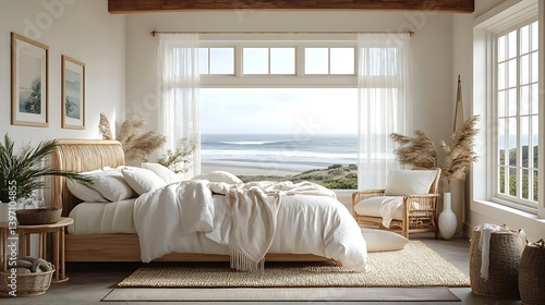 Serene coastal bedroom interior with white linens and ocean