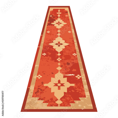 An old rug featuring a vibrant, intricate design with various colors and patterns.