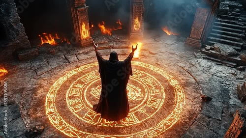 Mysterious sorcerer casting a spell in an ancient, fiery temple with mystical symbols