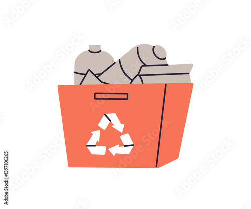 Icon of dumpster. Red dustbin with plastic bottles and sign of recycle, reuse. Trashcan full of waste, litter. Garbage can, wastebasket of trash. Flat isolated vector illustration on white background