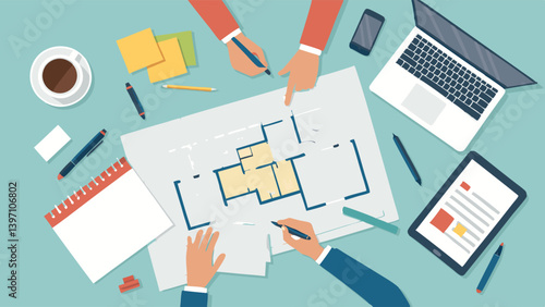 Top-Down View of Architectural Planning: Hands Drafting a House Floor Plan on a Desk with Laptop, Smartphone, and Sticky Notes for Design and Development