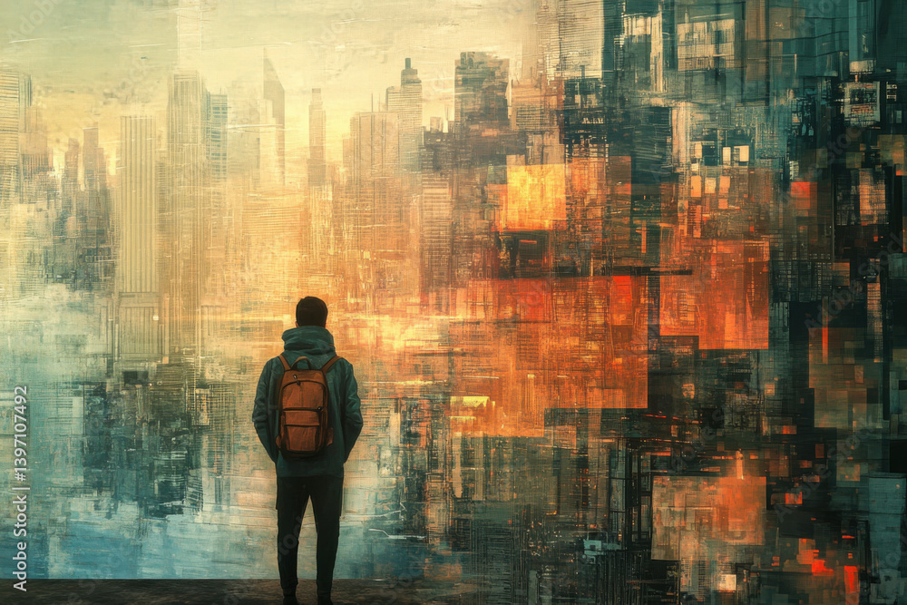Fototapeta premium Cityscape with futuristic art and a lone figure contemplating the view at dusk