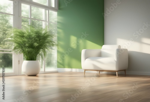 Fototapeta Naklejka Na Ścianę i Meble -  ceramic window empty vase room green left laminate style door white wood floor illustration right sun modern light effect plant 3d interior indoor living bright home concept wall blank render minimal