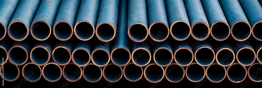 A close-up view of stacked industrial pipes, showcasing their circular ends and metallic finish, emphasizing texture and symmetry. A close-up view of stacked industrial pipes, showcasing their circular ends and metallic finish, emphasizing texture and symmetry.