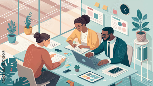 Diverse Team Collaboration in Modern Office Setting – Professionals Engaged in Creative Business Meeting with Laptops and Notebooks at Stylish Workspace