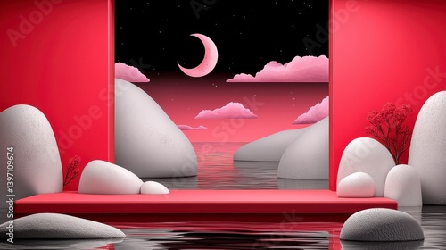 Serene Pink And Red 3D Digital Landscape With Crescent Moon And Rocks