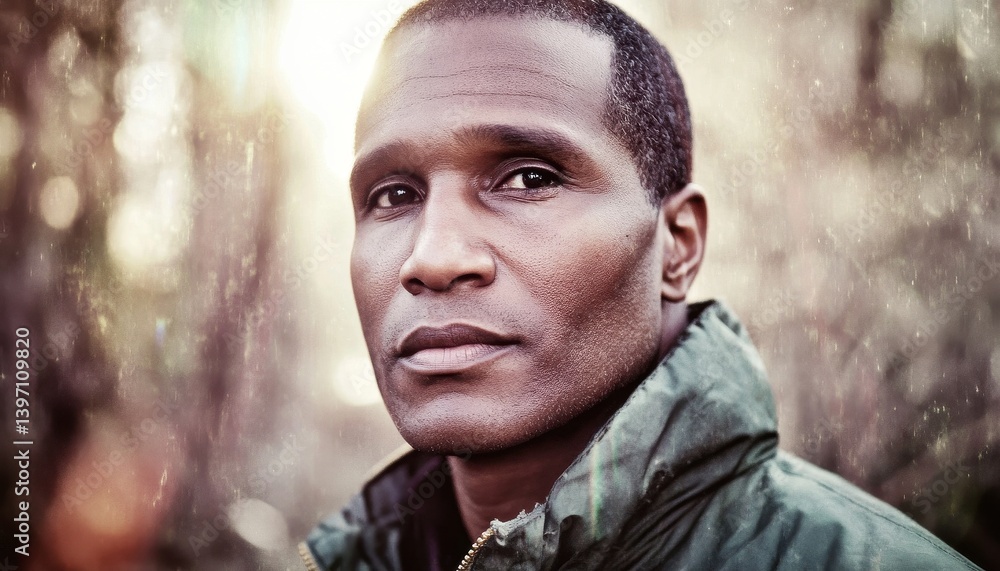 Close up Portrait of an African Man with Dark Skin Wearing a Green Jacket Against Blurred Foliage Background With Subtle Lighting Close up Portrait of an African Man with Dark Skin Wearing a Green Jacket Against Blurred Foliage Background With Subtle Lighting