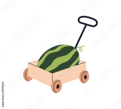 Wheelbarrow with ripe watermelon. Cart with handle to roll, carry farm harvest. Wheel barrow to pull crop. Farmer equipment, tool for gardening, farming. Flat isolated vector illustration on white