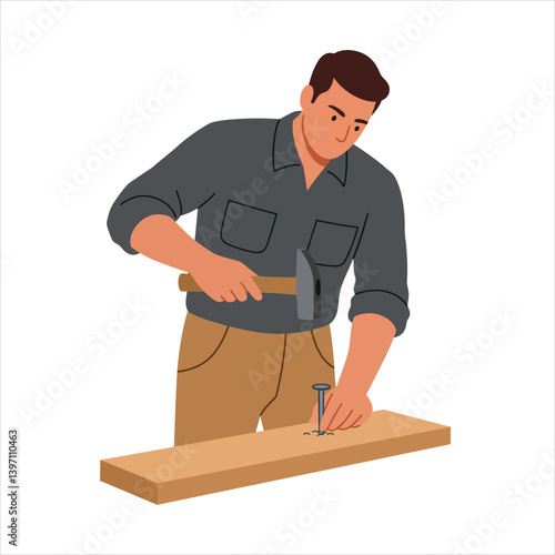 Carpenter character man hammering nail into wood plank, flat vector illustration for construction or woodworking concept