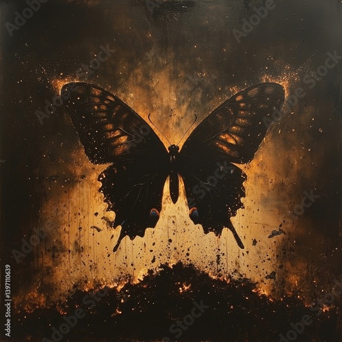Dark butterfly with glowing orange accents hovers above burning surface, surrounded by rising sparks and smoke on a blackened background. Generative by AI.