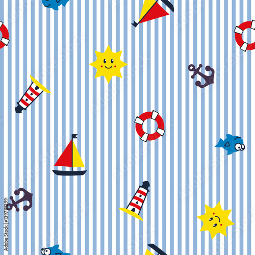 Seamless blue stripe pattern with Lighthouse, sailboat, sun, anchor, fish, lifebuoy. Children's marine illustration