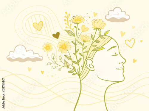 Positive Thinking and Mental Well-being Concept: Line Art Illustration of Woman's Head Blooming with Flowers and Hearts