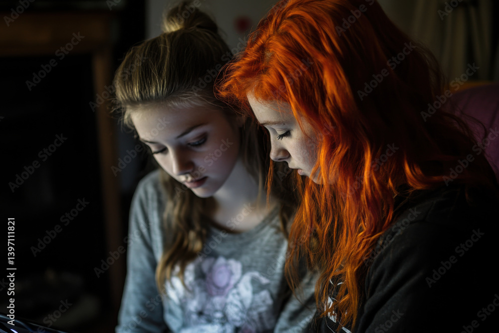 Fototapeta premium Two friends engaged in a deep conversation while exploring a device in a cozy indoor setting during evening hours