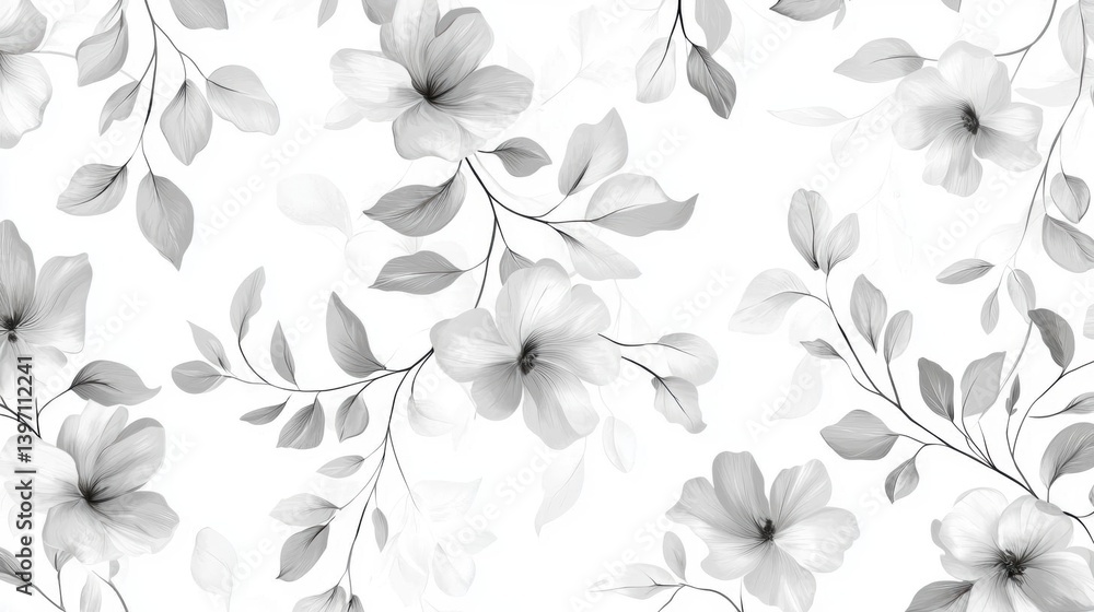 Seamless pattern of white flowers and leaves on a white background. the flowers are arranged in a repeating pattern, with each flower having a unique shape and size. Seamless pattern of white flowers and leaves on a white background. the flowers are arranged in a repeating pattern, with each flower having a unique shape and size.