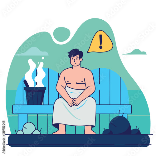 Cartoon Vector Illustration of a Man Sitting in a Sauna with Caution Symbol – Wellness Therapy, Relaxation, Heat Warning, and Spa Safety Concept