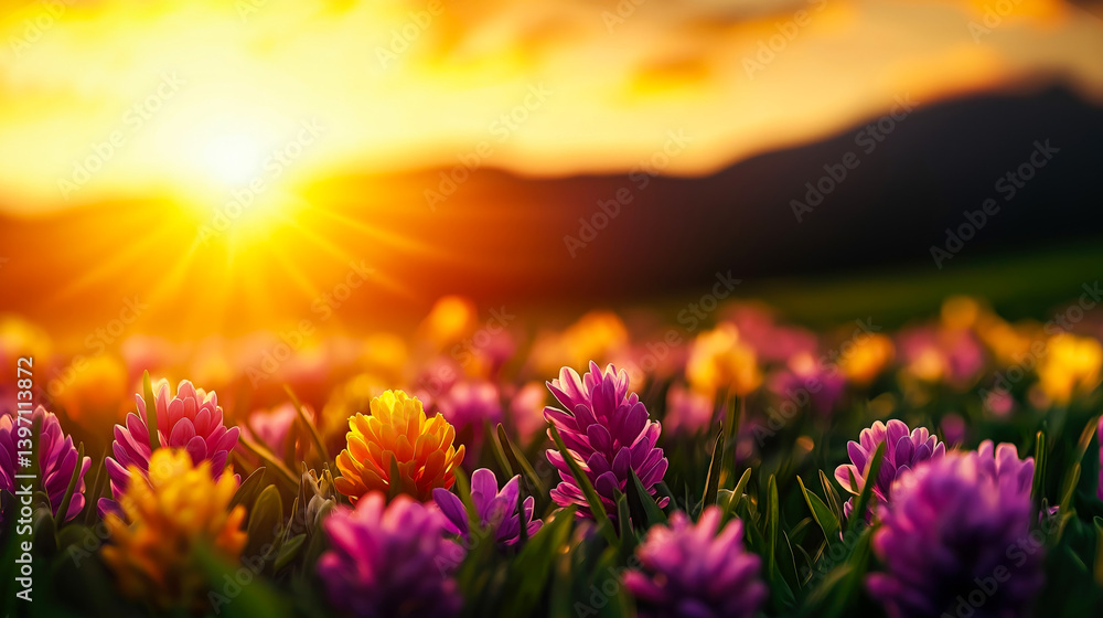 Naklejka premium A vibrant spring meadow filled with blooming colorful flowers under the golden light of a setting sun. The soft focus highlights the delicate petals and fresh green grass