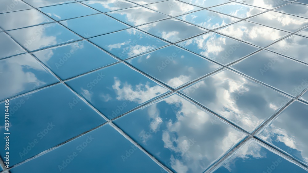 Reflective Blue Square Tiles Mirroring Sky And Clouds Tiled Dreamscape Abstract Seamless Pattern Surface Texture Background Design Reflective Blue Square Tiles Mirroring Sky And Clouds Tiled Dreamscape Abstract Seamless Pattern Surface Texture Background Design
