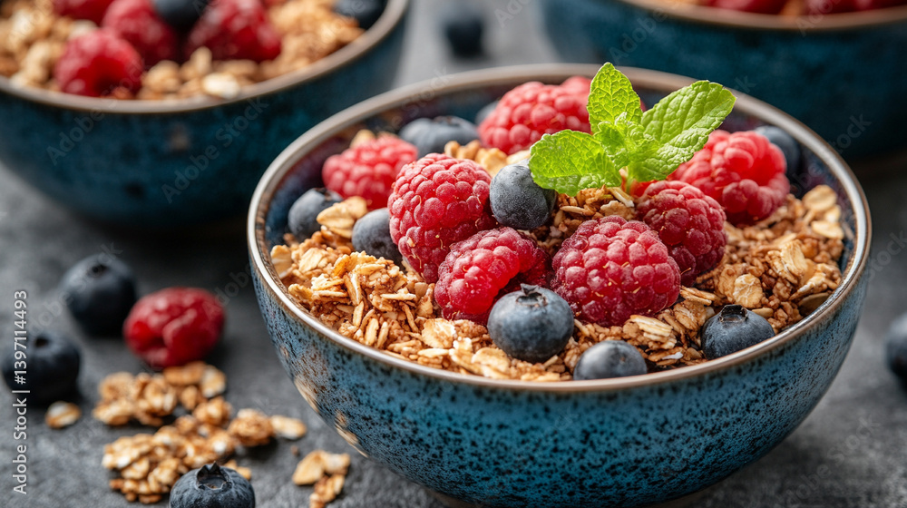 Delicious granola topped with fresh berries in bowls Delicious granola topped with fresh berries in bowls