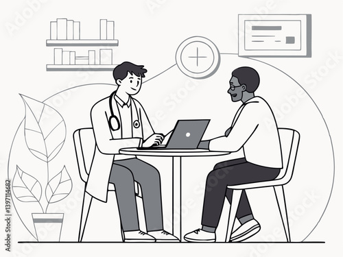 Vector Illustration of a Friendly Doctor Consulting a Patient in a Modern Medical Office – Healthcare Discussion, Telemedicine, and Professional Medical Advice Concept