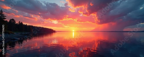 Majestic Great Lakes sunset, vast expanse of water, north america, sunset, boat