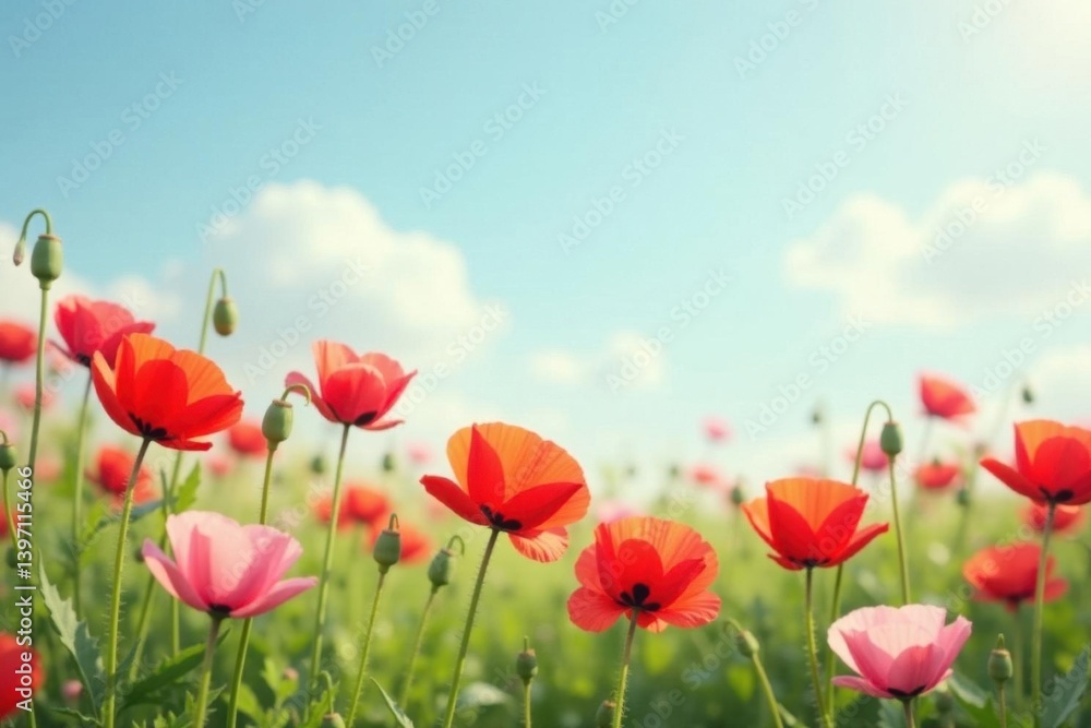 Pastel poppies bloom in summer field, soft light , artwork, close-up Pastel poppies bloom in summer field, soft light , artwork, close-up