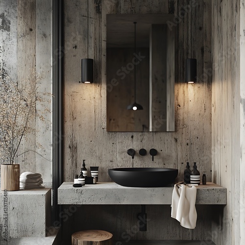 Elegant industrial washroom with cement walls and subtle lighting