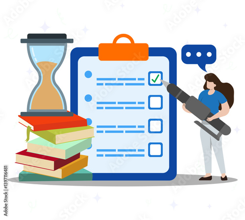 The woman holds a pen to fill out the form. Student exam, survey document, education test, hourglass, to do list or questionnaire. 