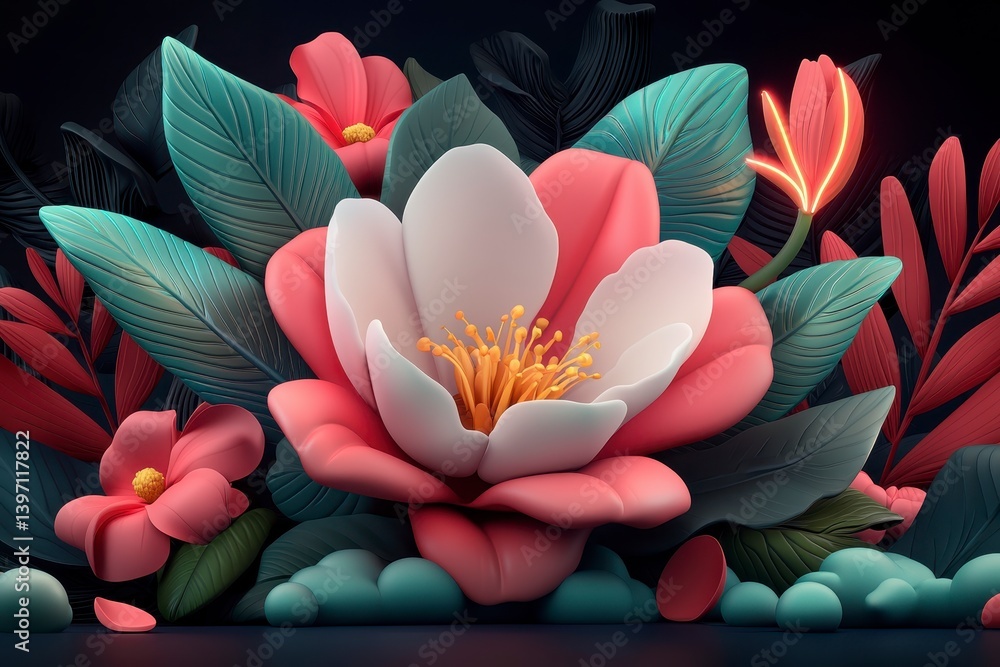 Obraz premium Stylized 3D Render of Pink and White Flowers with Teal Leaves
