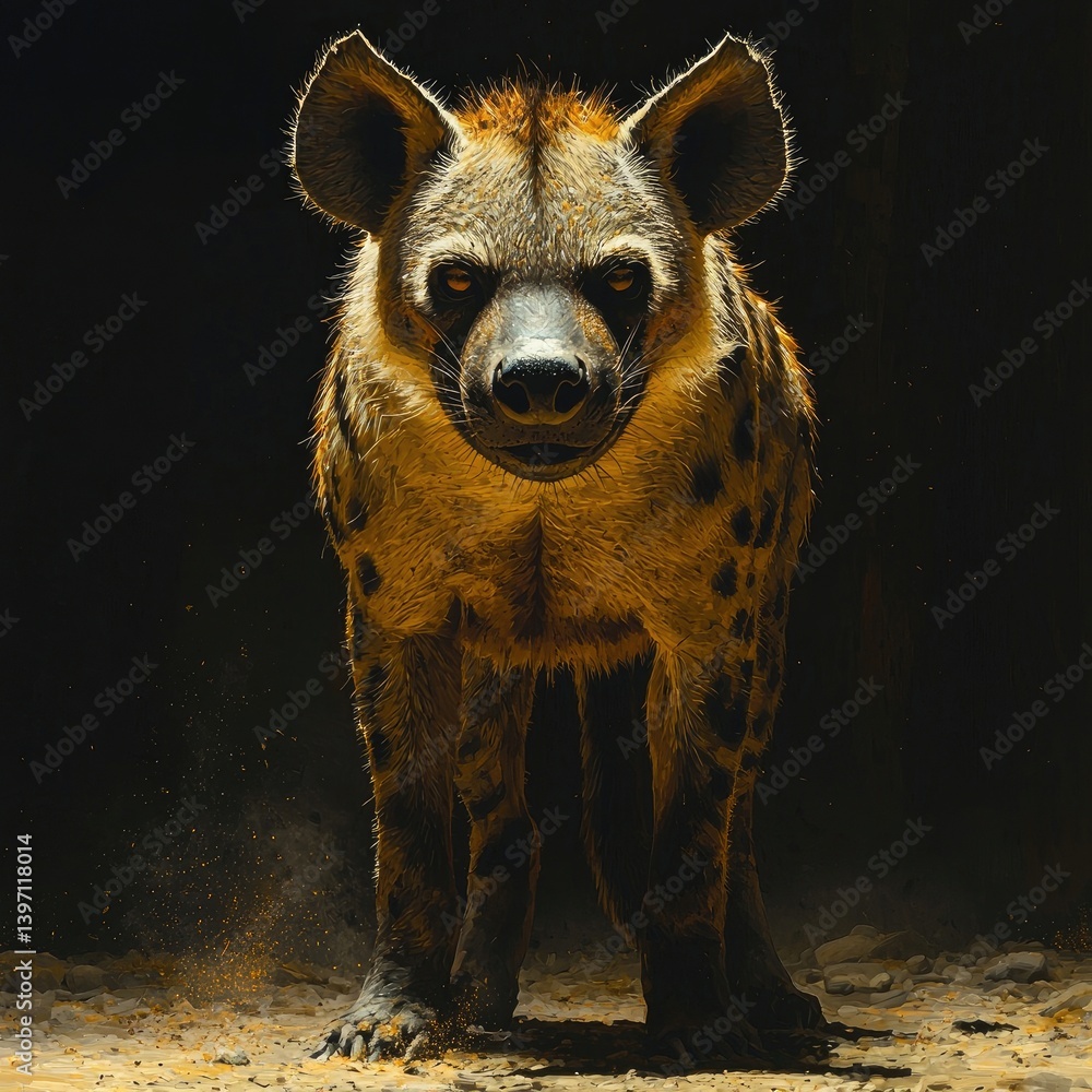 Fototapeta premium Hyena walking through dark ground with glowing fur and piercing look in intense wild setting. Generative by AI