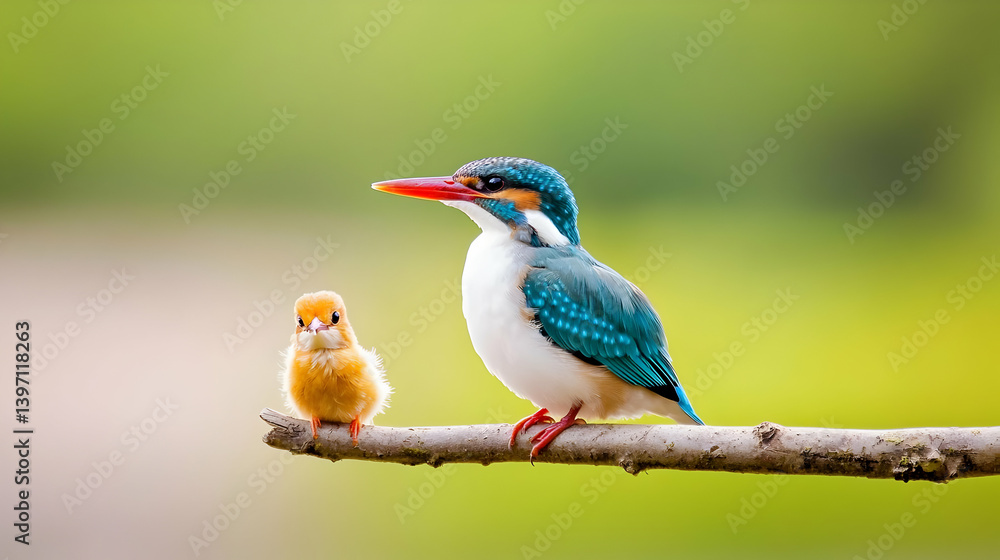 Beautiful Kingfisher Bird with Chick Sitting on a Branch Beautiful Kingfisher Bird with Chick Sitting on a Branch