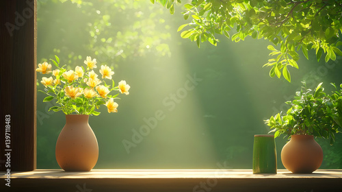 Serene Organic Meditation Space with Flowers and Natural Light