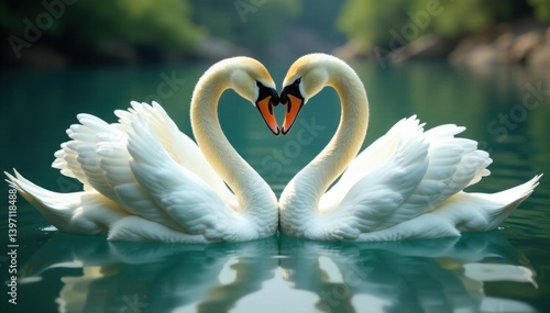 Fototapeta Naklejka Na Ścianę i Meble -  Two swans gracefully curved, forming a heart shape , water, togetherness