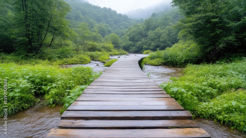 Fototapeta premium Wooden walkway through a lush forest stream
