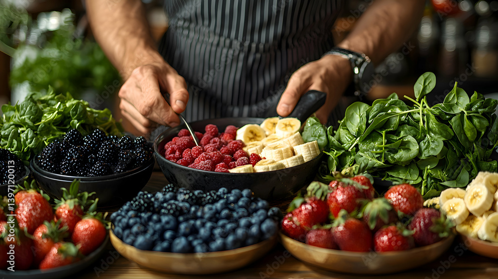 Obraz premium Preparing fresh salad ingredients closeup view of hands and colorful vegetables