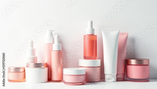 Various cosmetic containers arranged aesthetically on white, isolated, compact