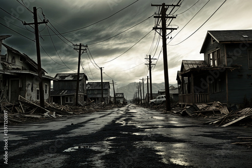 Street devastation from cyclone. Disaster zone with ruined homes. Hurricane aftermath in town.  Infrastructure damage, power outages, flood impact, storm damage, destruction.