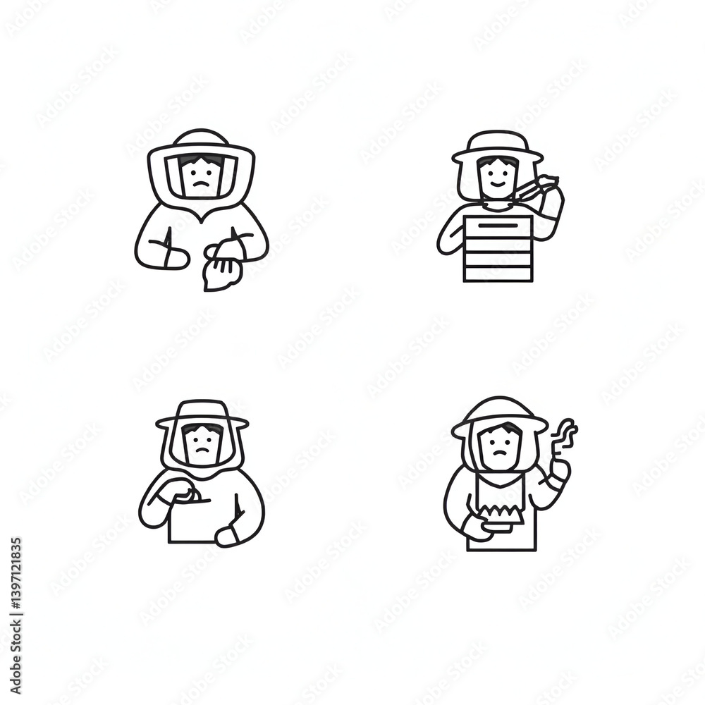 Set of Apiarist Beekeeper Icon Honey Harvest Apiculture Worker Agricultural Bee Farm Job occupation Sustainable Pollination Vector Line Illustration Set of Apiarist Beekeeper Icon Honey Harvest Apiculture Worker Agricultural Bee Farm Job occupation Sustainable Pollination Vector Line Illustration