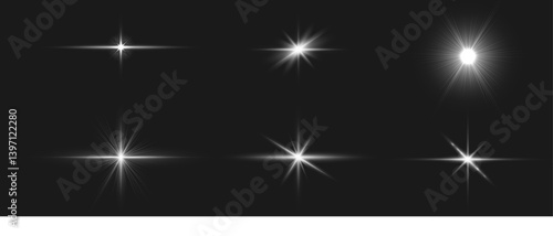 Flash light on black background. Glow Star light sparkle. Vector glow sparkle effect. Abstract lens flare. Flashing lights. Transparent PNG available. Stock royalty free vector.