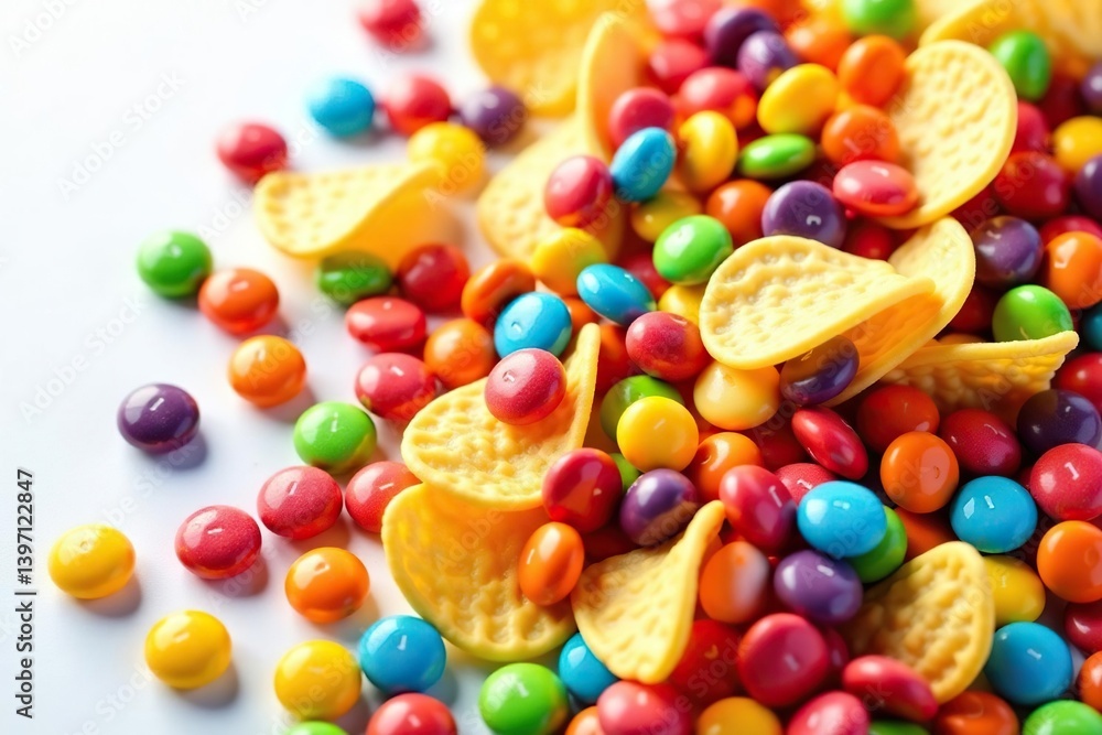 Pile of colorful candy, chips, and soda on white , delicious, food, sweet treat Pile of colorful candy, chips, and soda on white , delicious, food, sweet treat