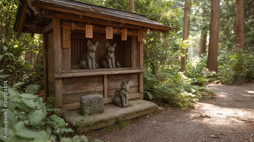 Wooden Shrine with Fox Statues in a Forest Wooden Shrine with Fox Statues in a Forest