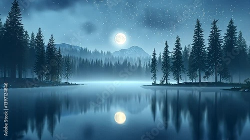 Serene moonlit lake reflecting starry night sky over misty forest