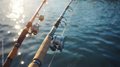 several fishing rod near lake- vertical fishing background